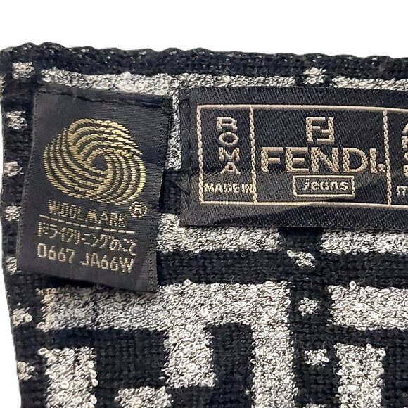 Vintage FENDI Black & Silver Monogram & Geometric Print Scarf with Black Fringes - Picture 8 of 8